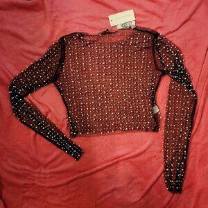 Black Nylon Long Sleeve, Sheer, Blinged out with Pearls & Beads & Stones  Large
